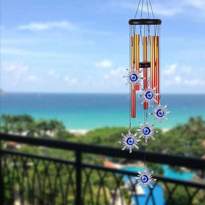 Blue Evil Eye Sun Wind Chimes Outdoor Decor, Mobile Sun Evil Eye Wind Catcher, Evil Eye Sun Wind Bells, Sun Blue Evil Eye Amulet Wind Chimes for Home, Gift for Mom, Balcony, Patio, Garden Decoration