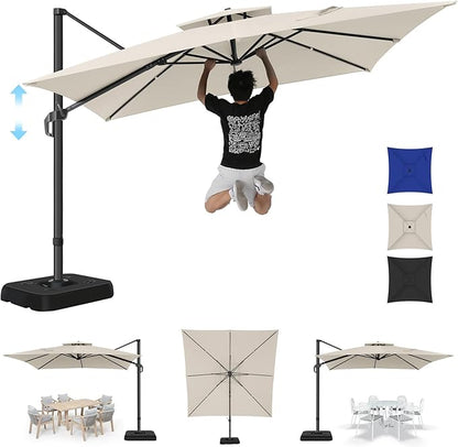 Hotime 10ft Cantilever Patio Umbrella Outdoor Heavy Duty Double Top Windproof Aluminum Offset Umbrella with 360°Rotation for Pool Garden Deck, Beige