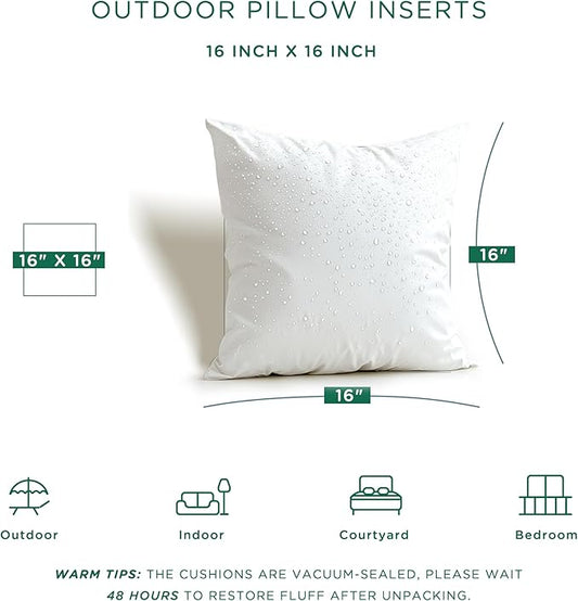 Codi Outdoor Pillow Inserts 16x16 Set of 2, Comfy Throw Pillows Waterproof for Patio Furniture