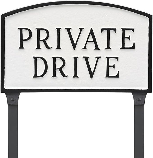 Montague Metal Products SP-12L-WB-LS Large White and Black Private Drive Arch Statement Plaque with 2 23-Inch Lawn Stakes