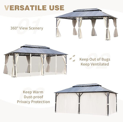 MELLCOM 12x20FT Hardtop Gazebo, Permanent Outdoor Aluminum Patio Gazebo with Aluminum Composite Double Roof for Patio Lawn and Garden, Curtains and Netting Included
