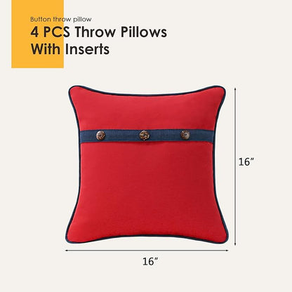 Outdoor Sunbrella Decorative Pillows with Triple Coconut Buttons Pack of 4, 16" x 16" Outdoor Pillow Set for Couch Bed Throw Patio Sofa, Canvas Logo Red/Specrtum Indigo