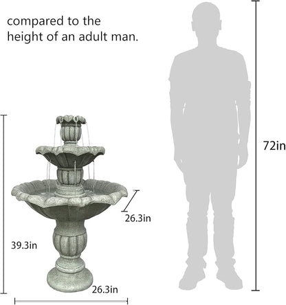 39.3” H Outdoor Floor Water Fountain, 3-Tiers Concrete Water Fountain with Submersible Electric Pump - Garden Cascading Waterfall for Yard Patio Lawn Home Decor