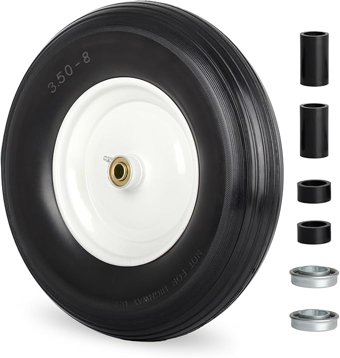 14.5" Wheelbarrow Flat Free Tire, Fits 4.80/4.00-8, 3.50/2.50-8, 4.00-6, 4.00-8, Wheelbarrow Wheels, 5/8" Bearing with Extra 3/4" Bearing, 3" -6" Centered Hub