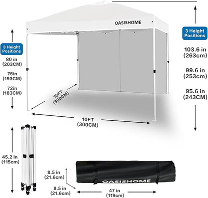 OASISHOME Pop-up Portable Outdoor Canopy Tent 10'x10' Instant Gazebo, with 1 Sidewall, Carry Bag, Stakes, Ropes, for Outdoor/Beach/Patio/Wedding Parties and Commercial Events (10FTx10FT, White)