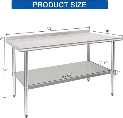 HARDURA Stainless Steel Prep & Work Table 30 x 60 Inches NSF Heavy Duty Commercial with Undershelf and Backsplash, Galvanized Legs for Commercial Food Prep