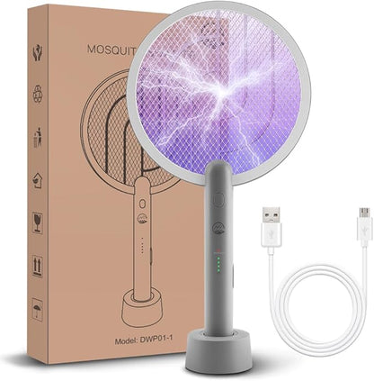 Electric Fly Swatter Racket, Mosiller 2 in 1 Smart Bug Zapper with USB Rechargeable Base, Powerful Mosquitoes Trap Lamp & Fly Killer with 3-Layer Safety Mesh for Home, Bedroom, Kitchen, Patio（1 Pack）