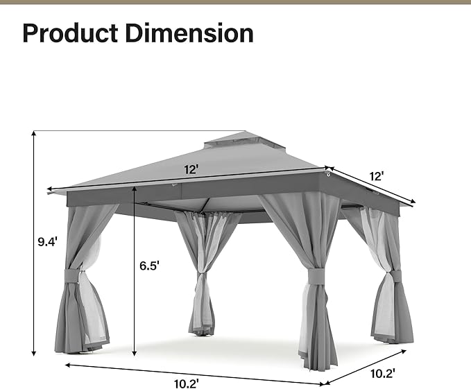 LAUSAINT HOME Outdoor Patio Gazebo 12'x12' with Expansion Bolts, Heavy Duty Party Tent & Shelter with Double Roofs, Mosquito Nettings and Privacy Screens for Backyard, Garden, Lawn, Smoke Grey