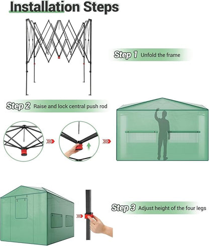 8x12FT Instant Pop-Up Walk-in Greenhouse, Plant Hot House with Galvanized Steel Frame, Green PE Cover, Roll-Up Zipper Door, Portable Large Plant Tent with Ground Pegs & Ropes for Stability