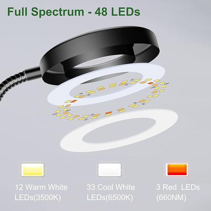 wolezek 2 in 1 Grow Lights for Indoor Plants, 3 Colors Plant Lights for Indoor Growing with 360° Gooseneck, 48 LEDs Full Spectrum Plant Grow Lights Indoor, 6/12/16H Timer, 5 Brightness, Black 2 Pack