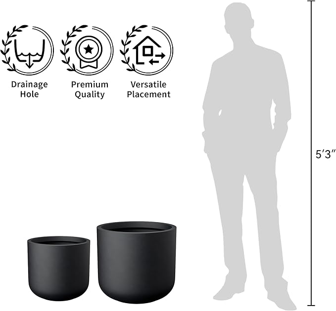 Kante 13.8-Inch Dia Round Concrete Planter, Indoor & Outdoor Garden Pot with Drainage Hole & Rubber Plug, Ideal for Flower and Tree, Black