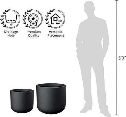 Kante 13.8-Inch Dia Round Concrete Planter, Indoor & Outdoor Garden Pot with Drainage Hole & Rubber Plug, Ideal for Flower and Tree, Black