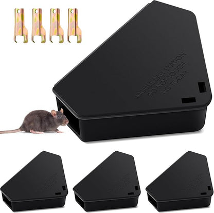 Qualirey 4 Pcs Mice Station with Key Triangle Bait Station Reusable Rodent Trap Bait Box, Keeps Children and Pets Safe Indoor & Outdoor, Bait Not Included, Suitable for Small Mice (Black)