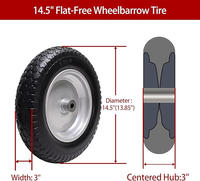 14.5" Wheelbarrow Tire, 3.50-8" Flat-free Solid Tire and Wheel with 3" -7" Centered Hub and 5/8" & 3/4"Bearings for Wheelbarrow Trolley Dolly Lawn Mover Go Kart Replacement (2-Pack)