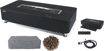 Elementi+ | Valencia Gas Fire Pit | Cast Concrete Body & Marble Porcelain Top | 62" Rectangular Fire Table | Electronic Ignition | Canvas Cover, Fire Glass & Burner Lid Included | Black | Propane Gas