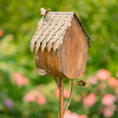 Copper Color Bird House Garden Stake with Ornate Style Roof (Round Bottom)