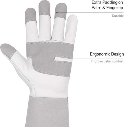 HANDLANDY Long Gardening Gloves for Men & Women, Thorn Proof Rose Pruning Gloves Leather Gauntlets Garden Glove Yard Work Glove (Large, Grey)