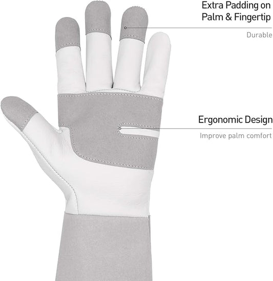HANDLANDY Long Gardening Gloves for Men & Women, Thorn Proof Rose Pruning Gloves Leather Gauntlets Garden Glove Yard Work Glove (Medium, Grey)