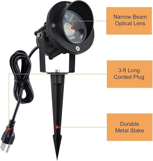 GBS9809 LED Spotlights, 9W 120V Line Voltage, 5000K Daylight, with Metal Ground Stake, Outdoor Flag Light, Landscape Spotlight, Corded Plug, Not Dimmable