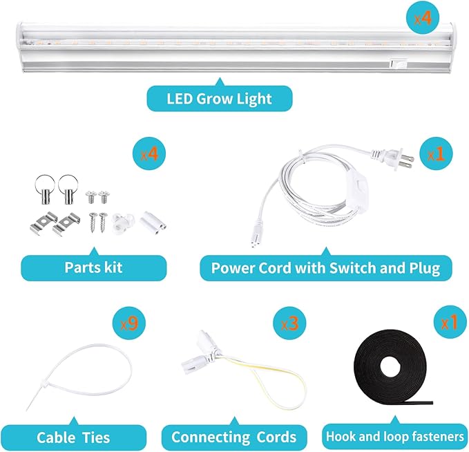1FT Indoor Plant Grow Light, Full Spectrum Sunlight, T5 Grow Lamp with Side Switch, LED Grow Light Bulb, Plug and Play, Easy Installation, Suitable for Greenhouse Seedlings, 4 Pack