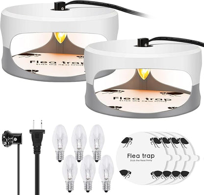 Flea Traps for Inside Your Home 2 Packs, Flea Light Trap for Indoor, Bed Bug Killer with Sticky Pads & Light Bulb Replacement, Natural Fleas Insect Infestation Treatment Trap