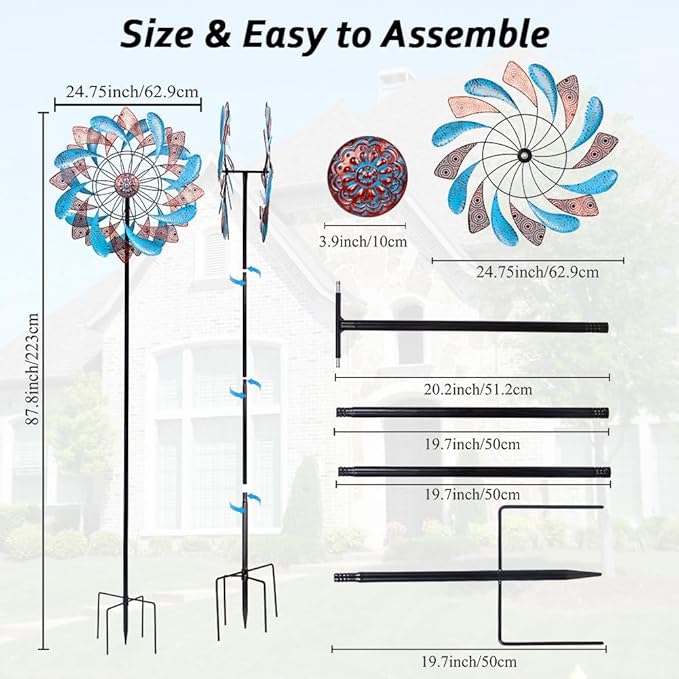 Viveta Large Wind Spinner for Yard and Garden，87.8”H *24.75" D Blue and Copper Colors Metal Outdoor Wind Sculptures & Spinners for Patio Lawn Outdoor Yard Lawn Garden