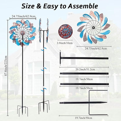 Viveta Large Wind Spinner for Yard and Garden，87.8”H *24.75" D Blue and Copper Colors Metal Outdoor Wind Sculptures & Spinners for Patio Lawn Outdoor Yard Lawn Garden