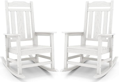 SERWALL White Outdoor Rocking Chair Set of 2, HDPE Outdoor Rocker