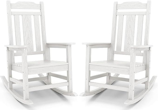 SERWALL White Outdoor Rocking Chair Set of 2, HDPE Outdoor Rocker