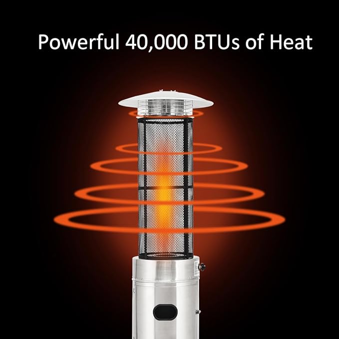 COSTWAY Outdoor Propane Patio Heater, 40,000 BTU Propane Heater with Dancing Flame, Portable Wheels, Stainless Steel Pyramid Floor-Standing Outdoor Heater for Balcony Backyard Garden, Silver