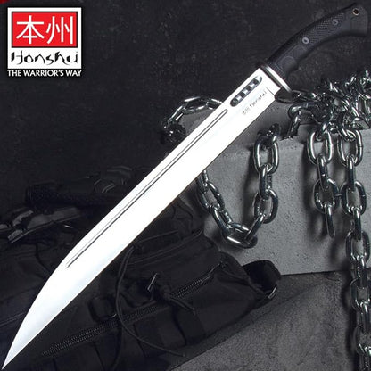 Honshu Boshin Seax Knife | 19 3/8" Full-Tang Stainless Steel Blade | Textured TPR Handle | Premium Leather Sheath with Paracord Lanyard | Modern Tactical Seax Design | 25 3/4" Overall Length