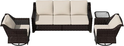 Vista Vibe 4 Pieces Outdoor Patio Conversation Furniture Set - 78" 3-Seat Sofa | 2 Swivel Glider Rocker Chairs | Wicker End Table, Rattan Loveseat, Upholstered Couch, Garden, Deck (Brown/Beige)