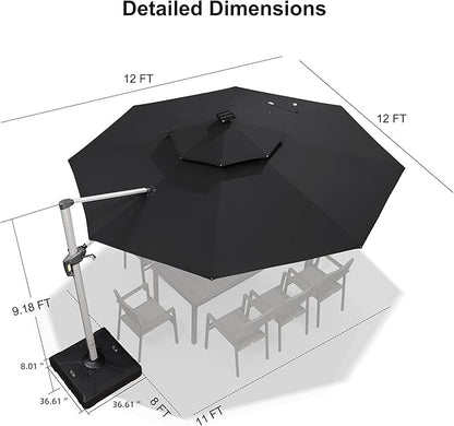 PURPLE LEAF 12ft Patio Umbrella With Base Solar powered LED Cantilever Umbrella with LED lights Windproof Outdoor Offset Umbrella for Garden Deck Pool Patio, Black