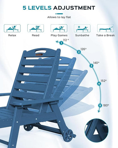 Lounge Chair Outdoor, Oversized Chaise Lounge Chair with 5 Positions, HDPE, Patio Lounge Chair with Wheels & Cup Holder for Pool, Deck, Poolside, Azure Blue