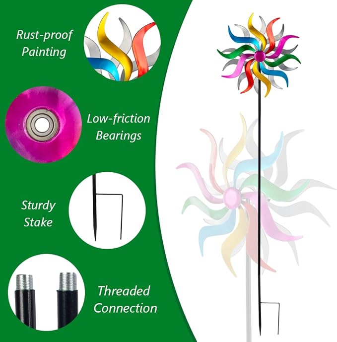 Wind Spinners Outdoor, Colorful Metal Wind Sculptures & Spinners, 15" Dia x 58" H Large Kinetic Windmills for Garden Yard Decor