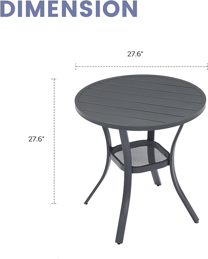 VICLLAX Outdoor Patio Round Dining Table, 28"x 28" Metal Slatted Round Tabletop with Storage Shelf for Deck Lawn Garden Backyard, Dark Grey