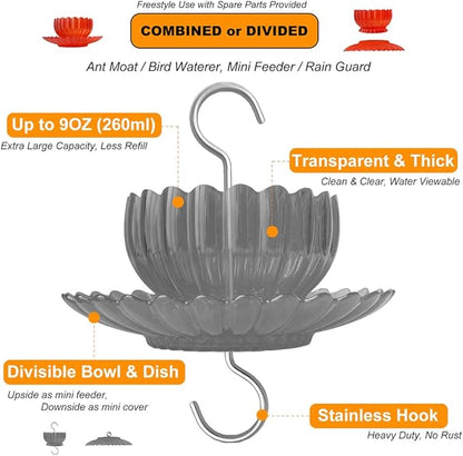 Ant Moat for Hummingbird Feeder - Freestyle 9 OZ Extra Large Capacity Insect Guard - Red Daisy Bowl & Dish