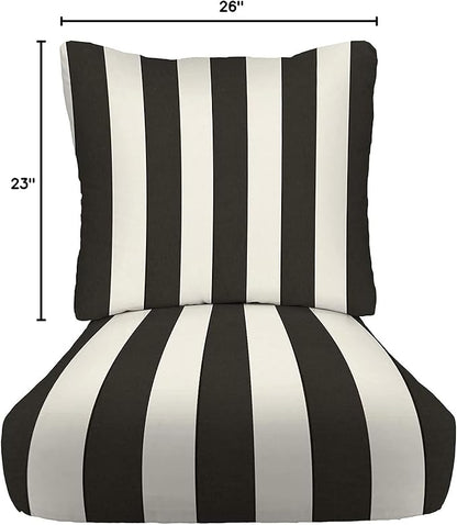 RSH DECOR: Deep Seating Cushion with Pillow Back | 23” x 26” Seat | All-Weather Spun Fabric | Water and Fade-Resistant | Outdoor Chair Cushion Set for Patio Furniture | Black & White Stripe