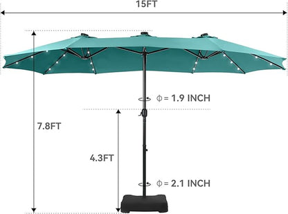 GREEN PARTY 15 ft Rectangle Patio Umbrella with Solar Lights and Base Included, Double-Sided Market Table Umbrella with Crank, Large Outdoor Umbrellas for Patio Poolside Garden Backyard, Turquoise