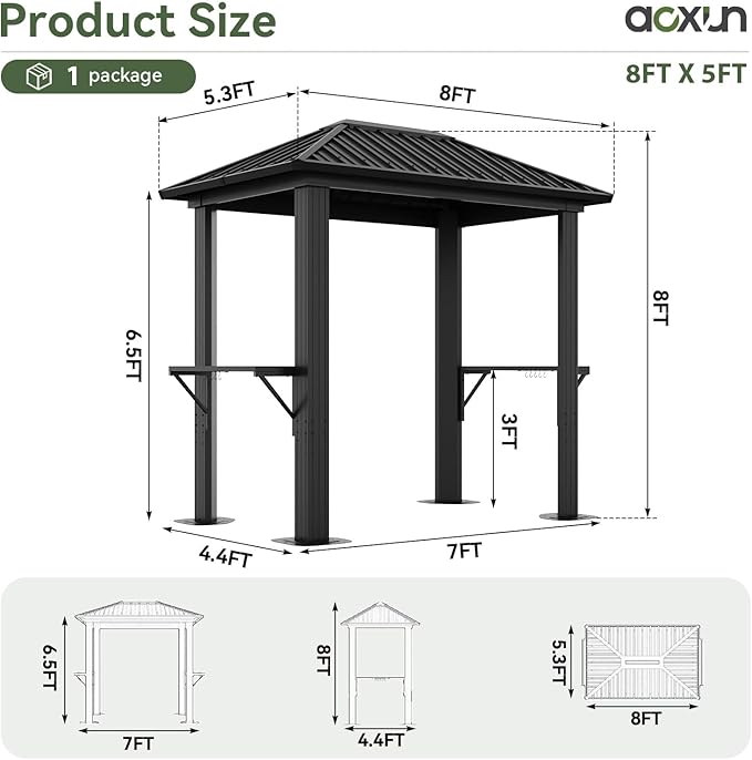 Aoxun Grill Hardtop Gazebo 5'x8', Aluminum Frame Canopy with Galvanized Steel Roof for Outside BBQ Party, Outdoor Metal Pavilion with Double Side Shelves for Backyard, Patio and Deck