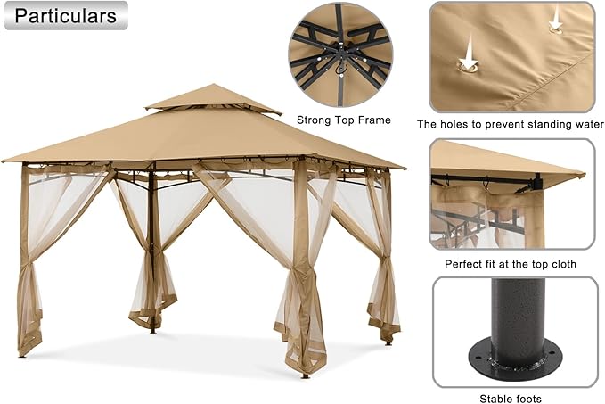 MASTERCANOPY Outdoor Garden Gazebo for Patios with Stable Steel Frame and Netting Walls (10x12,Beige)