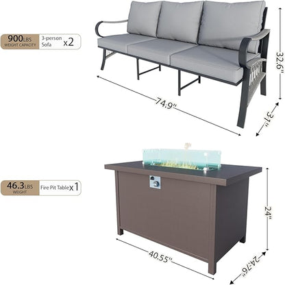3 Pieces Patio Conversation Sets, All Weather Metal Outdoor Furniture Set, 2 Three-Seater Sofas, 1 Fire Pit Table for Backyard Garden Deck Porch Poolside, Gray