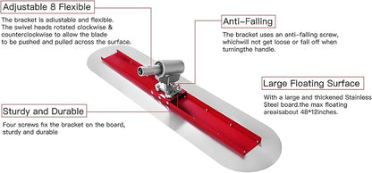 Bull Float Concrete Bull Float Tool Kit 48"x12" Fresno Round End Stainless Steel Board Kit Tool Cement Trowel Tools Float Bracket Concrete Tools Finishing With 48" Aluminum Alloy Handle x4 VOYAR