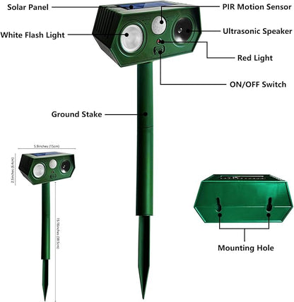 2025 Deer Repellent Devcies Solar Ultrasonic Animal Repellent Outdoor Waterproof Rabbit Repellent with PIR Motion Detection Flash Light for Dog, Cat, Bird, Squirrel, Skunk, Raccoon for Yard (4 Pack)