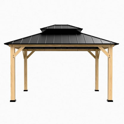 COOS BAY 11x13 Hardtop Gazebo with Cedar Wood Frame, Galvanized Steel Double Roof Outdoor Pavilion for Garden, Lawn, Poolside, Patio, Deck, Natural Wood/Black