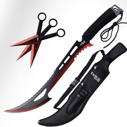 26" Fantasy Tactical Machete with 3 Fixed Blade Knives Set. 440 Stainless Steel Blade. for Collection, Gift and Outdoor Sport Activitve (Red)