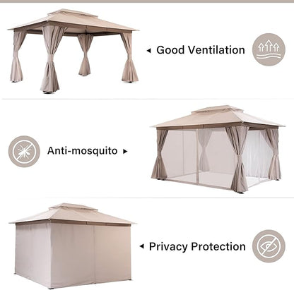 LAUSAINT HOME Outdoor Patio Gazebo 10'x13' with Expansion Bolts, Heavy Duty Gazebos Shelter Party Tent with Double Roofs, Mosquito Nets and Privacy Screens for Backyard, Garden, Lawn, Champagne Khaki
