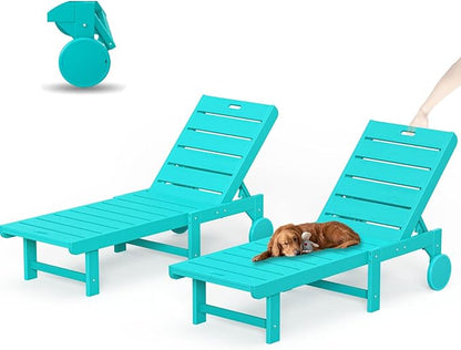 Outdoor Chaise Lounge Chairs Set of 2, 2-Piece, 26.8” Super Wide Lounge Chair Outdoor, HDPS Pool Chairs with 5 Positions, Patio Lounge Chair with Wheels for Pool,Lawn,Backyard, Aruba Blue