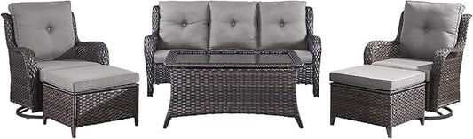 Wicker Outdoor Conversation Set-6 Pieces Outdoor Wicker High Back Couch with Swivel Rocker Chairs Patio Furniture for Deck Poolside Backyard-Brown/Grey