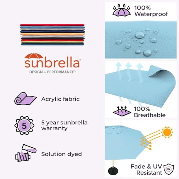Midtown Umbrellas The Swilt 10 Feet Patio Umbrella in Sunbrella Capri Acrylic Fabric - Fiberglass Ribs, Auto-Tilt Aluminum Frame For Backyard, Deck, Garden, Pool - White Pole